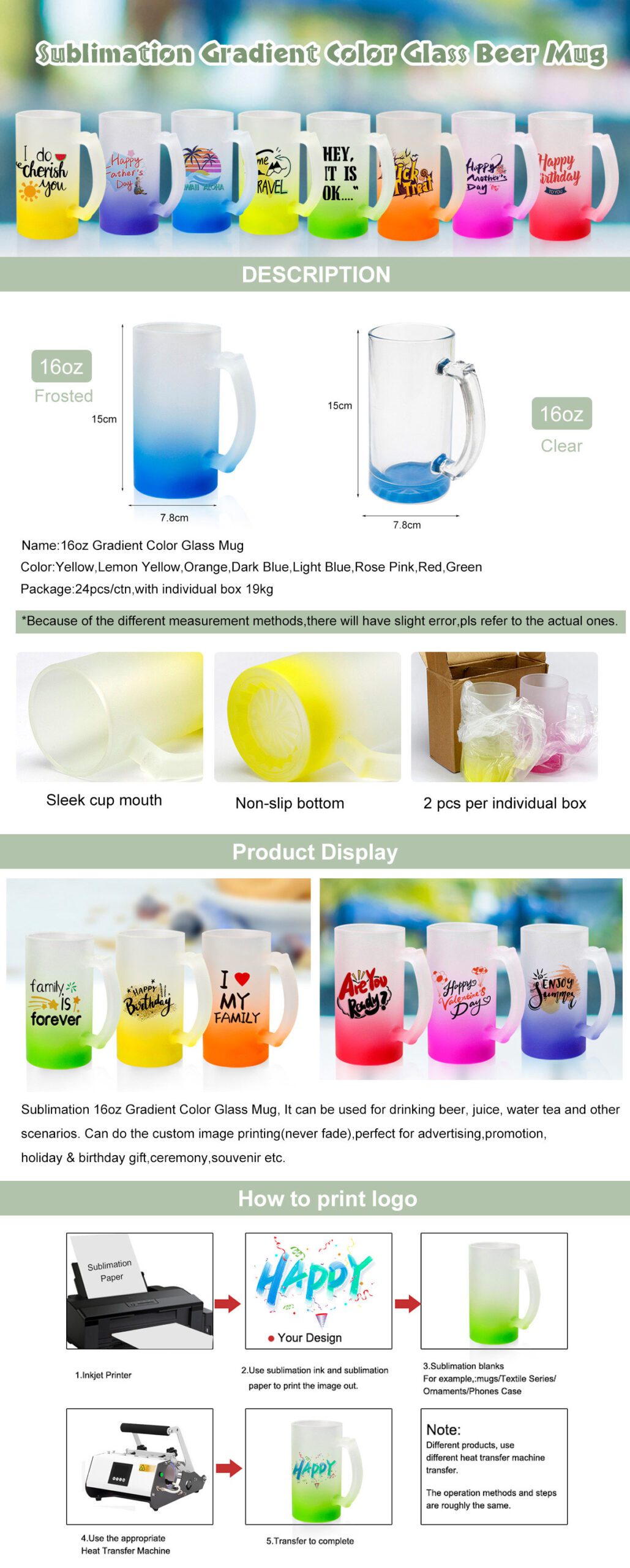 16oz sublimation glass beer mug