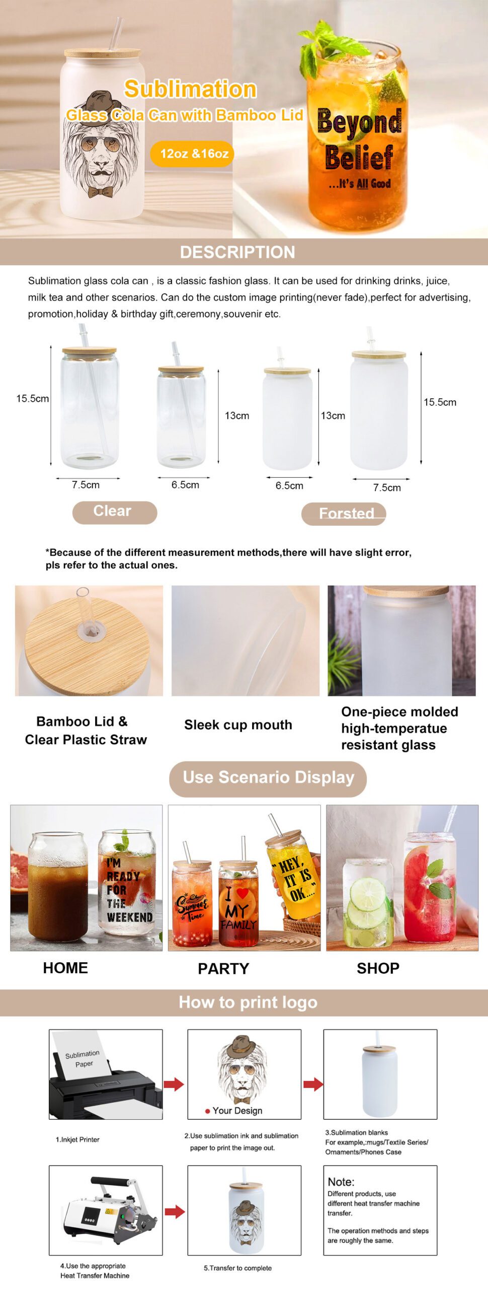 16oz sublimation glass can