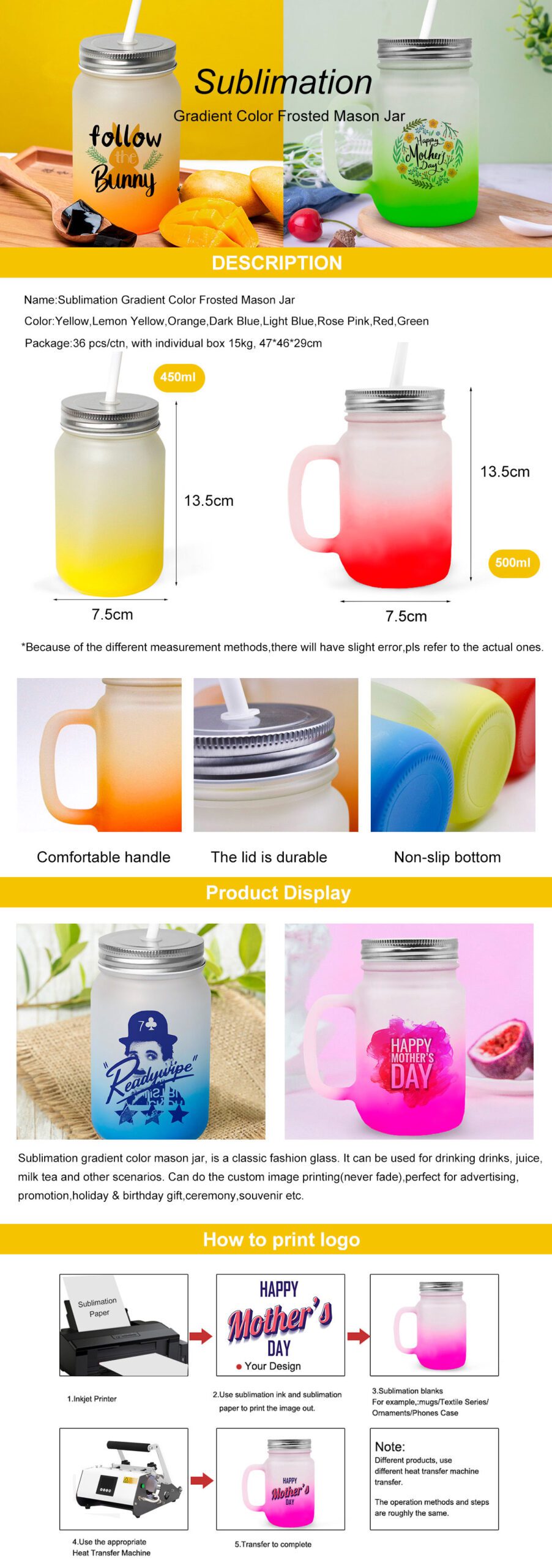 sublimation 450ml Mason Jar