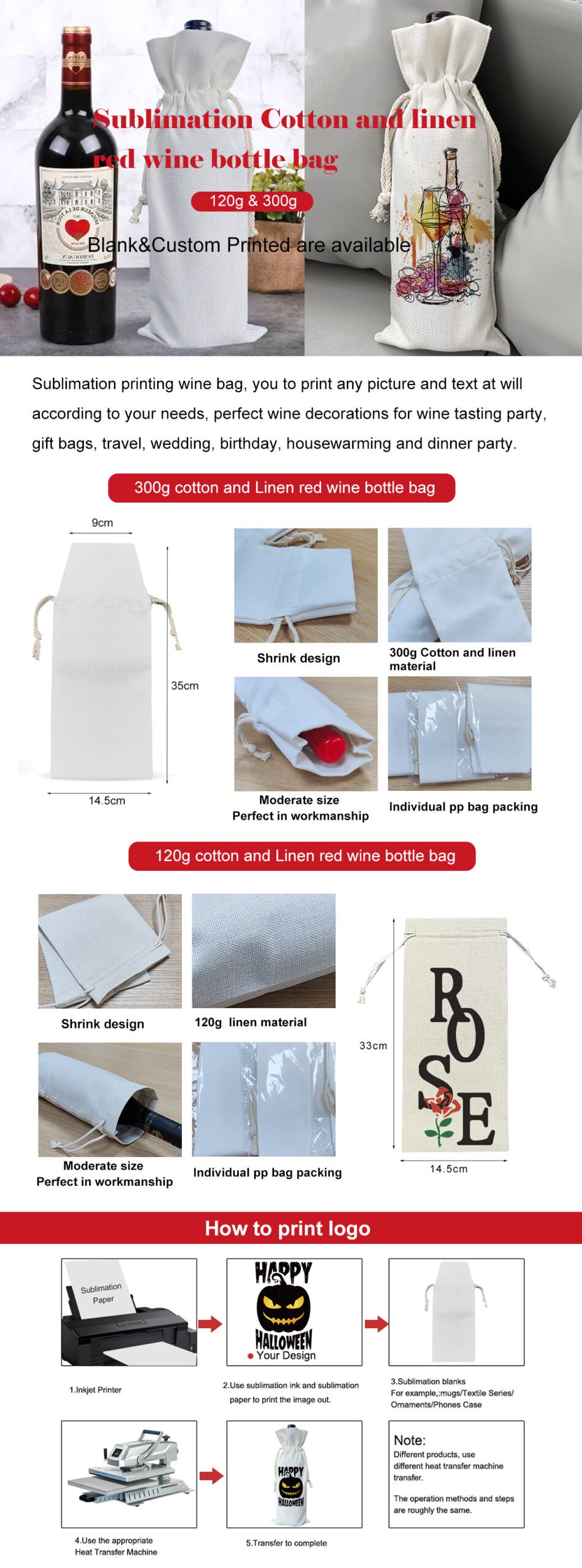 Custom Sublimation Cotton Linen Wine Bottle Bag