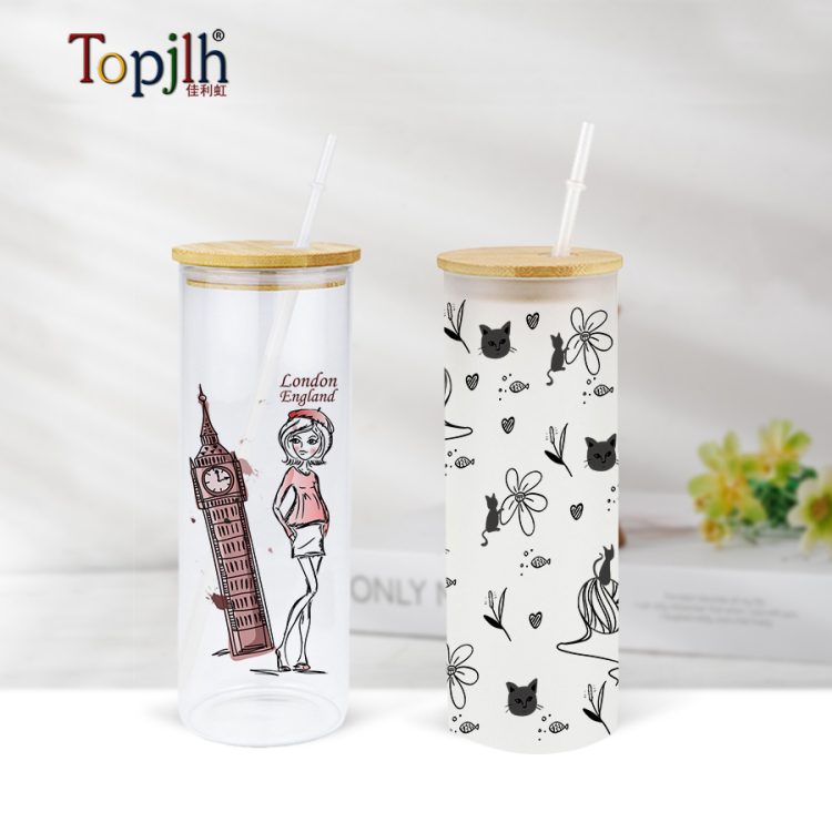 sublimation Clear Glass Tumbler with Bamboo Lid/Plastic Straw
