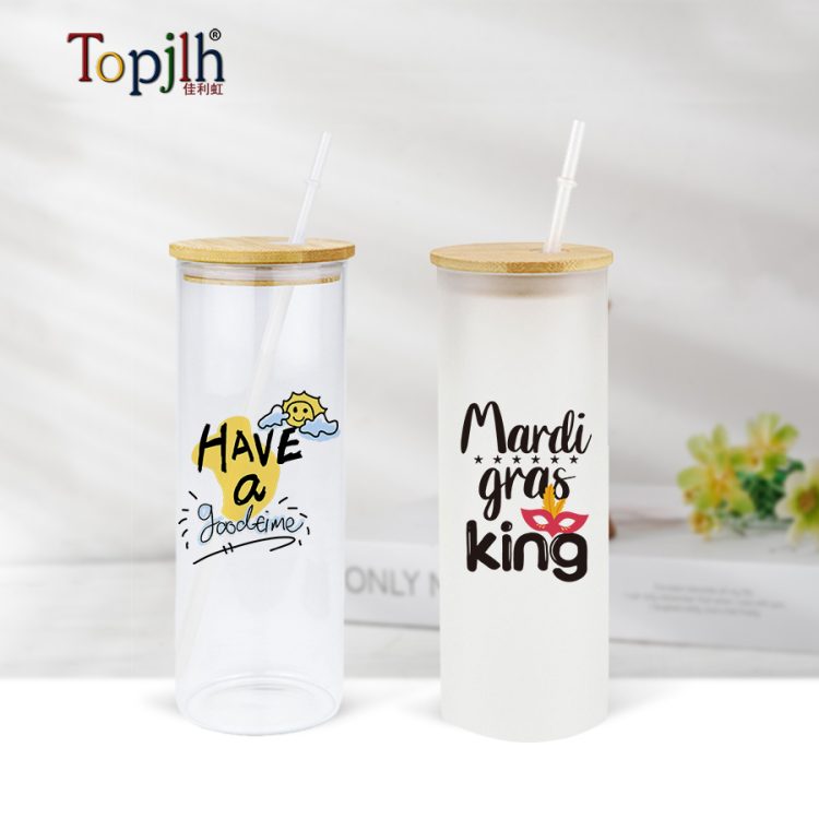 sublimation Clear Glass Tumbler with Bamboo Lid/Plastic Straw