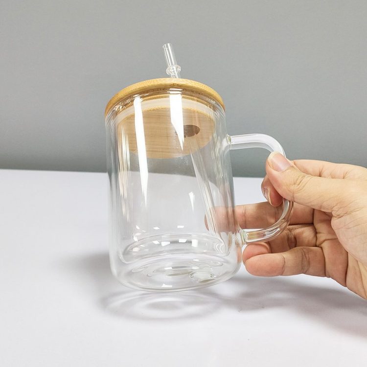 sublimation 15oz Transparent Mug with Bamboo Lid and Handle