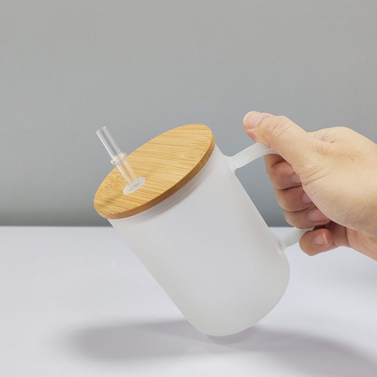 sublimation 15oz frosted Mug with Bamboo Lid and Handle