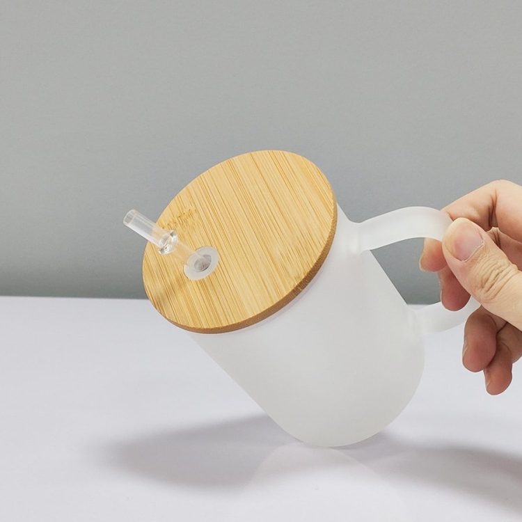 sublimation 15oz frosted Mug with Bamboo Lid and Handle