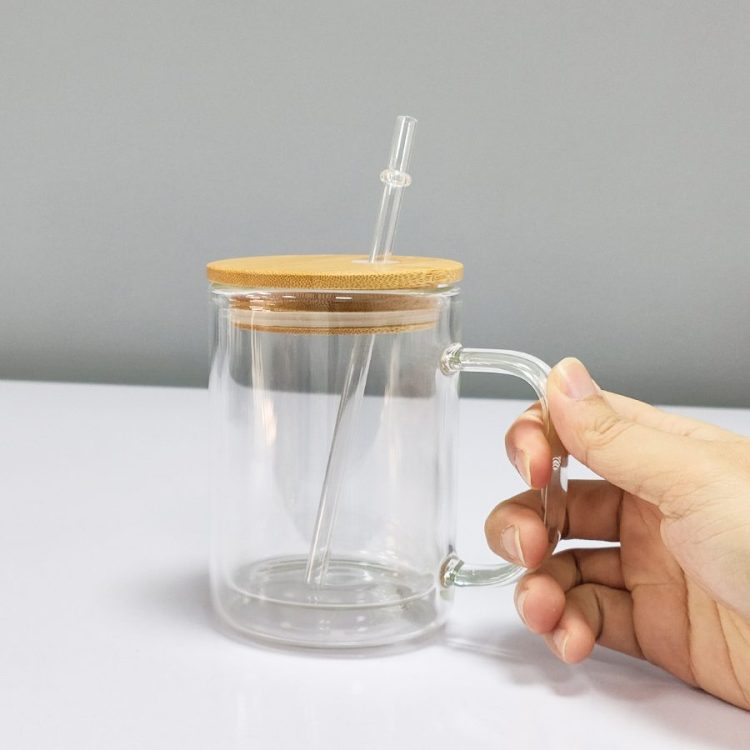sublimation 15oz Transparent Mug with Bamboo Lid and Handle