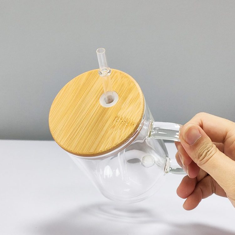 sublimation 15oz Transparent Mug with Bamboo Lid and Handle