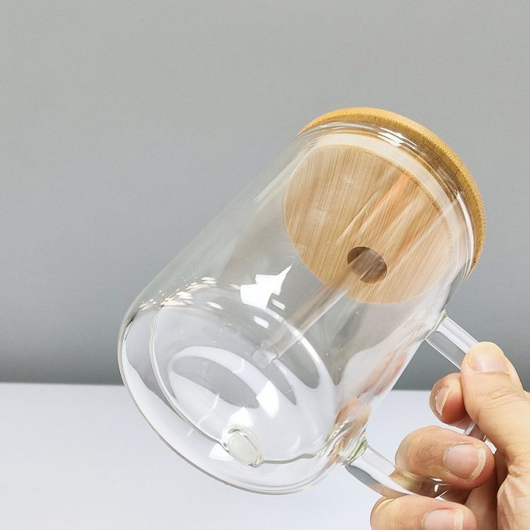sublimation 15oz Transparent Mug with Bamboo Lid and Handle